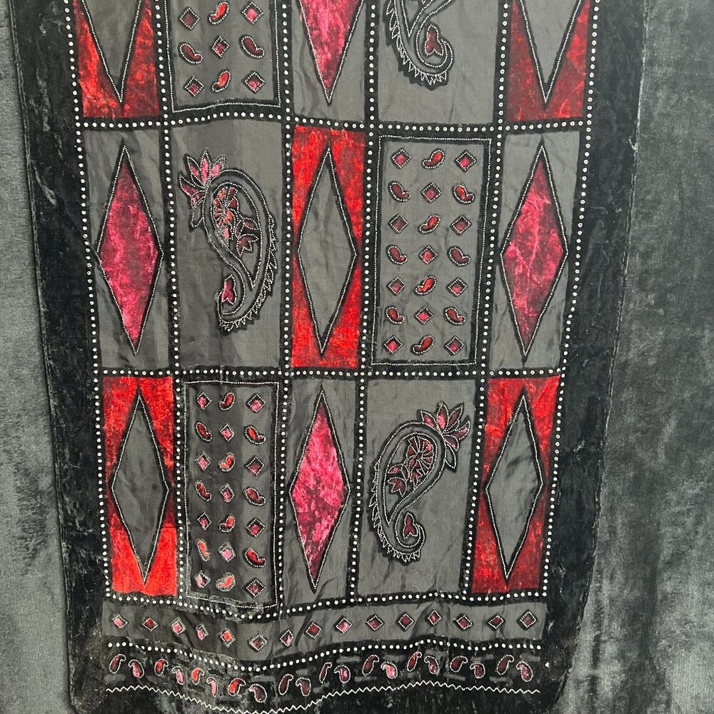 Vintage Black & Red Sheer Paisley Diamond Pattern Scarf Wrap – Fringe Missing –